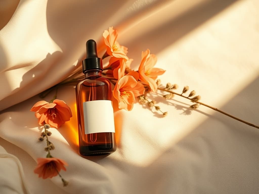 Editorial beauty still life: amber serum bottle beside dried florals on cream linen